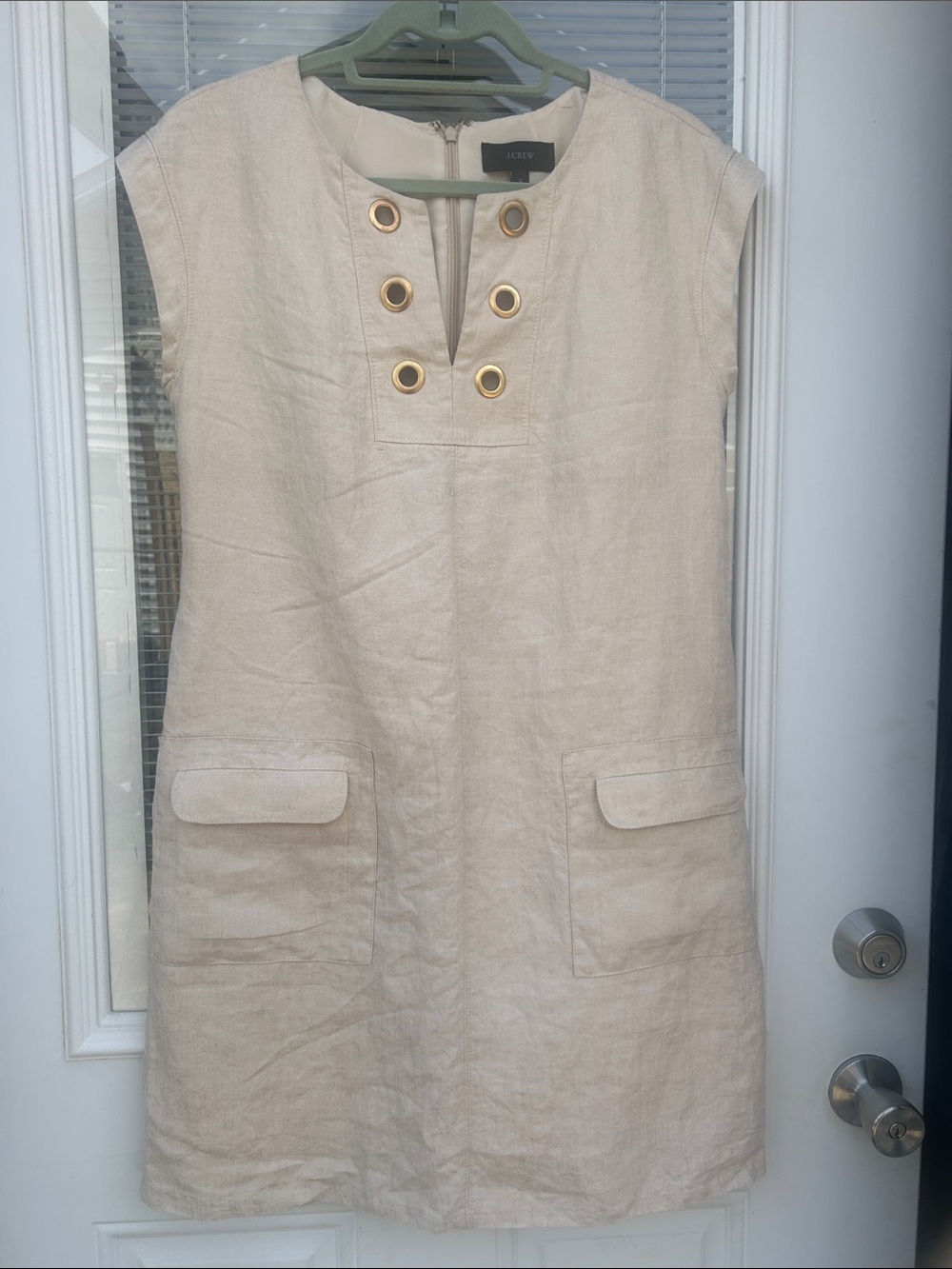 J. Crew Cream Linen Mini Dress with Gold Grommet Detail